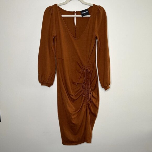 Kittenish Tie Scrunch Front Midi Sweater Dress V Neck Long Sleeve Keyhole Back - Picture 2 of 9